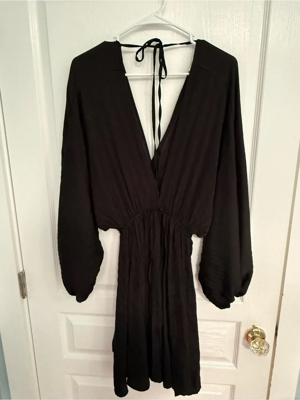 Black Long-Sleeve V-Neck Women's Dress - Picture 1 of 4